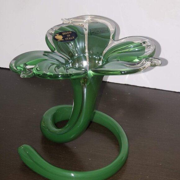 New Murano Made in Italy Green Flowers Swirled Stem Art Glass Vase Decor 7" - Picture 1 of 15